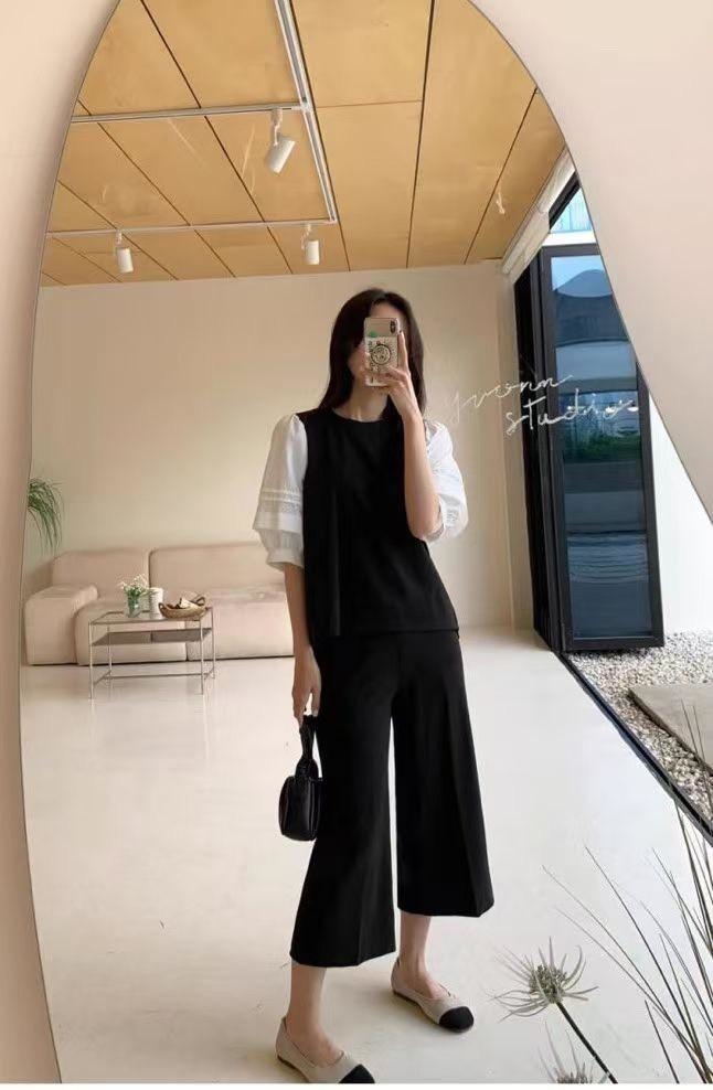 202611-拼接壓褶澎澎袖假2件上衣