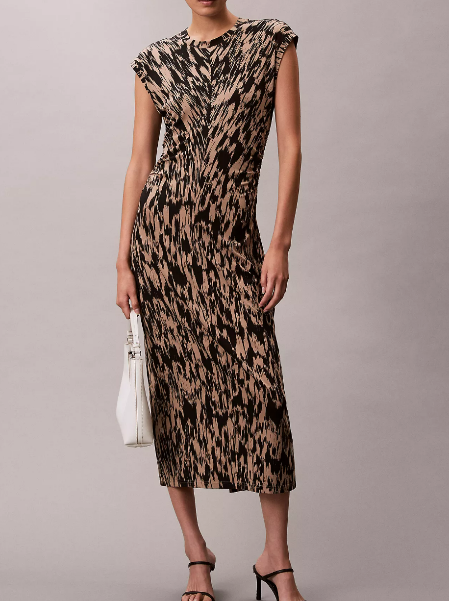 [S] CALVIN KLEIN AMPHORA MODAL BLEND JERSEY PRINT SLIM MIDI DRESS, 47D296G-200 (SCK841)