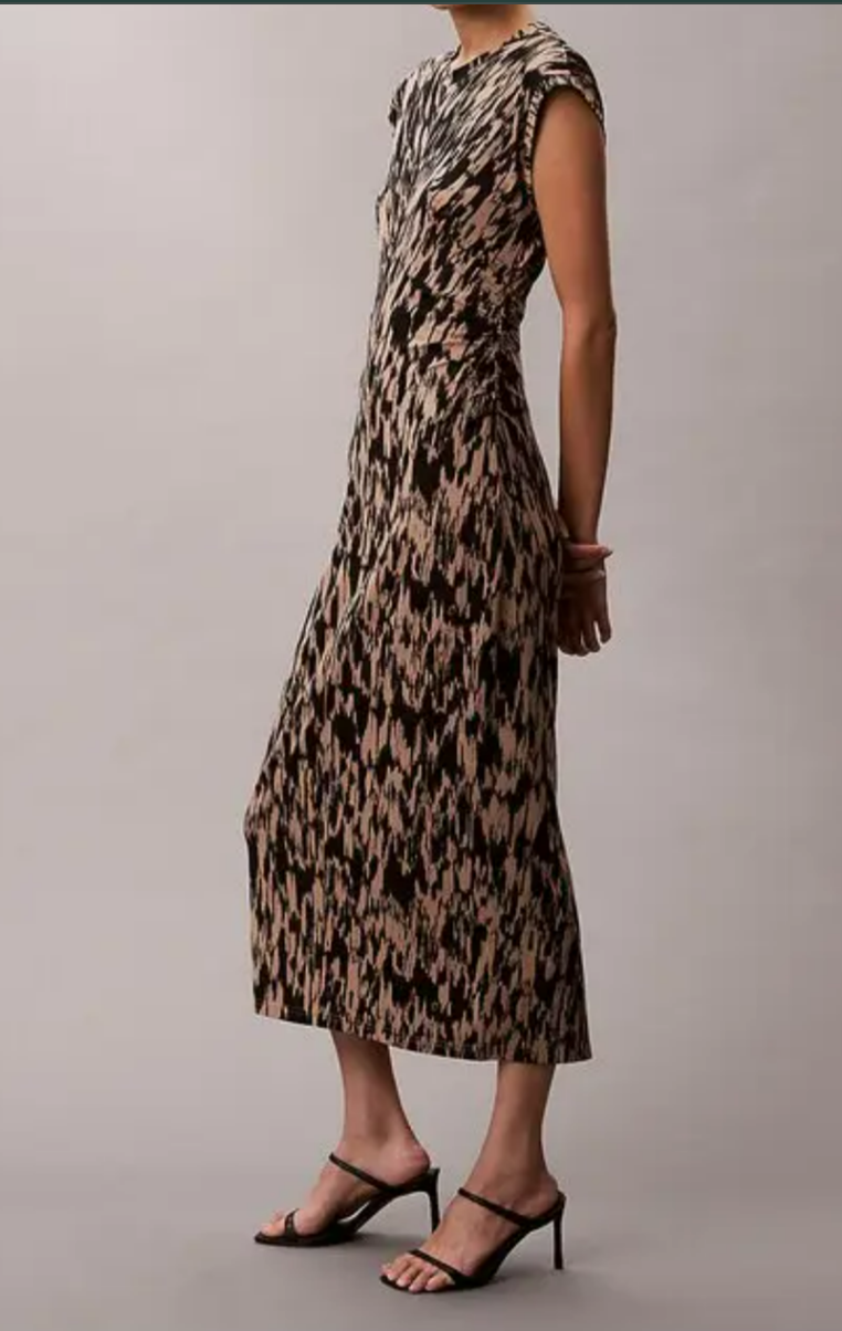 [S] CALVIN KLEIN AMPHORA MODAL BLEND JERSEY PRINT SLIM MIDI DRESS, 47D296G-200 (SCK841)