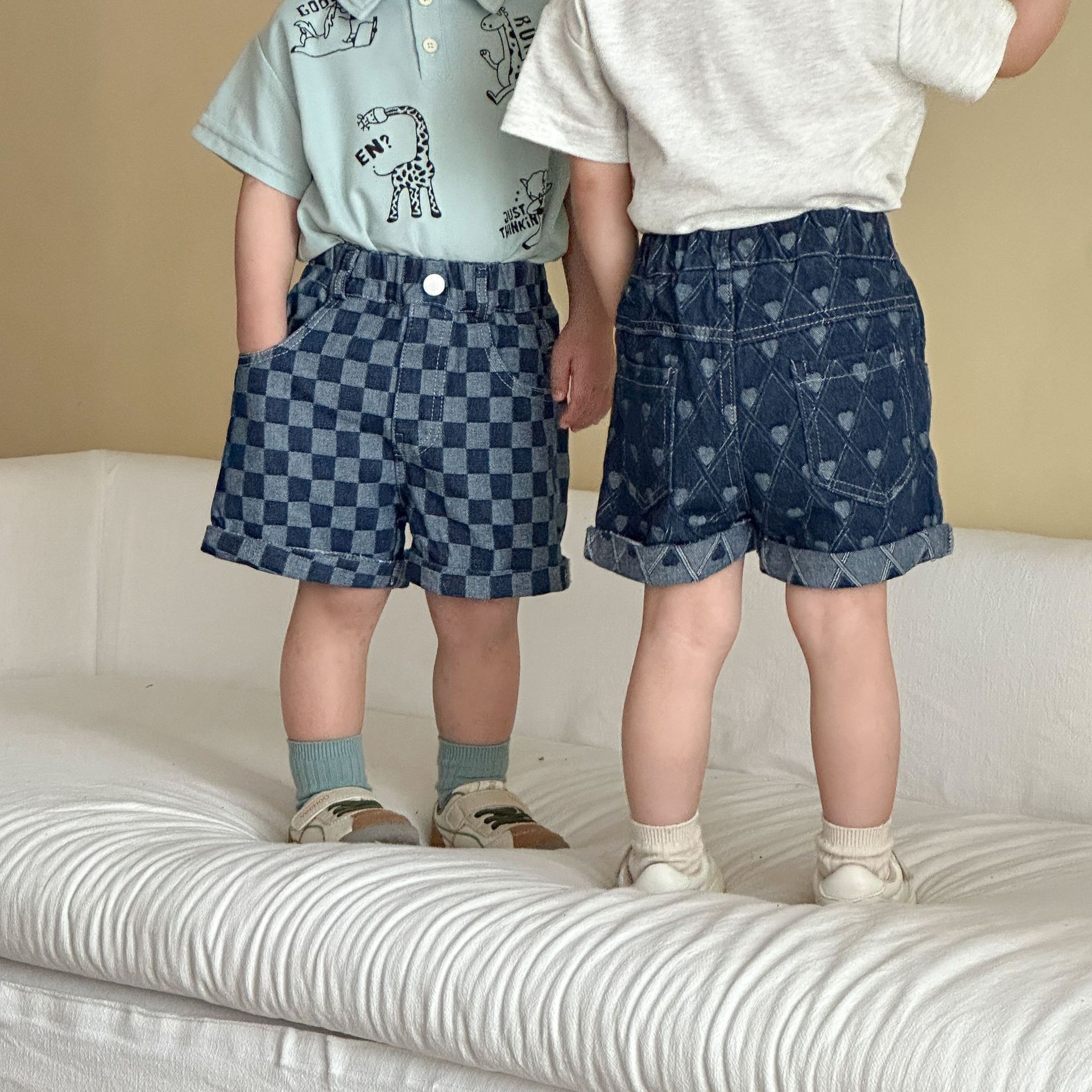 格子愛心 牛仔短褲