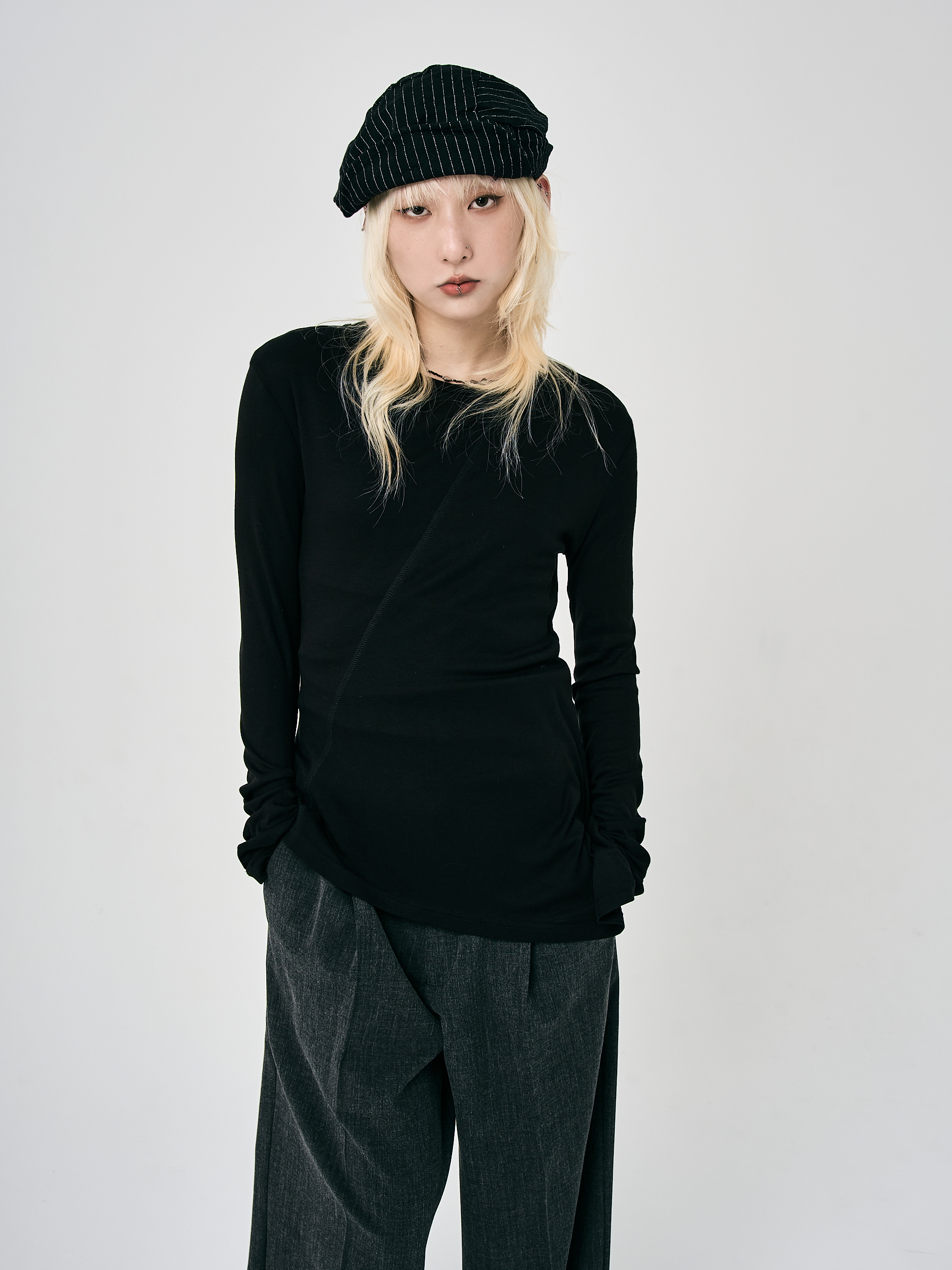 解構堆疊透膚打底長袖-黑