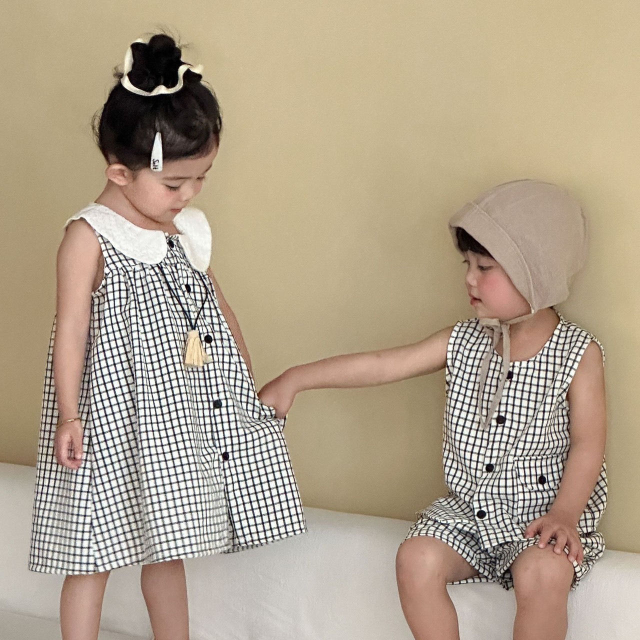 小格紋翻領無袖洋裝