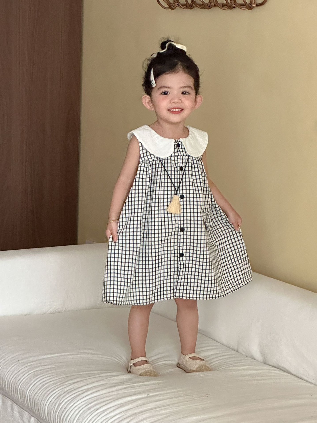 小格紋翻領無袖洋裝