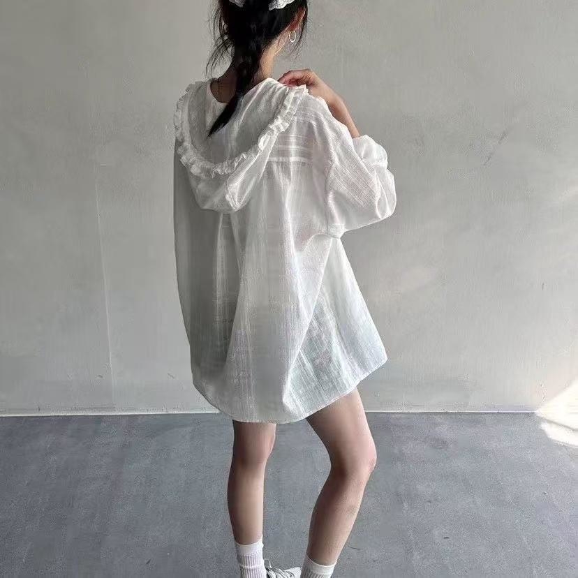 1186-微透光荷葉邊連帽格紋襯衫抽繩外套