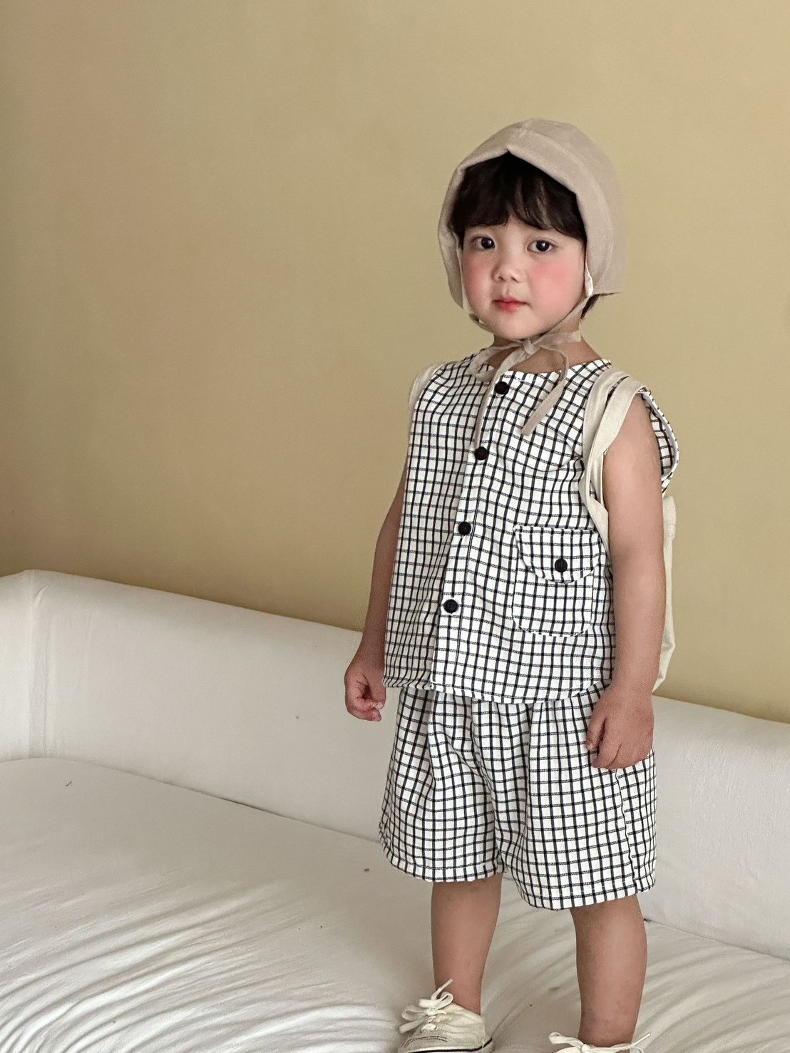 小格紋翻領無袖套裝