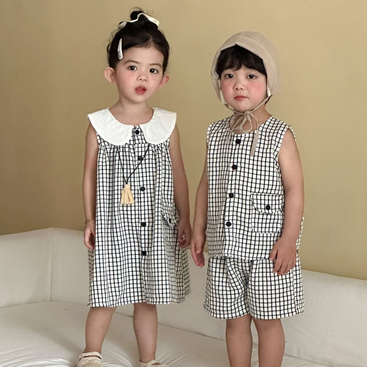 小格紋翻領無袖套裝