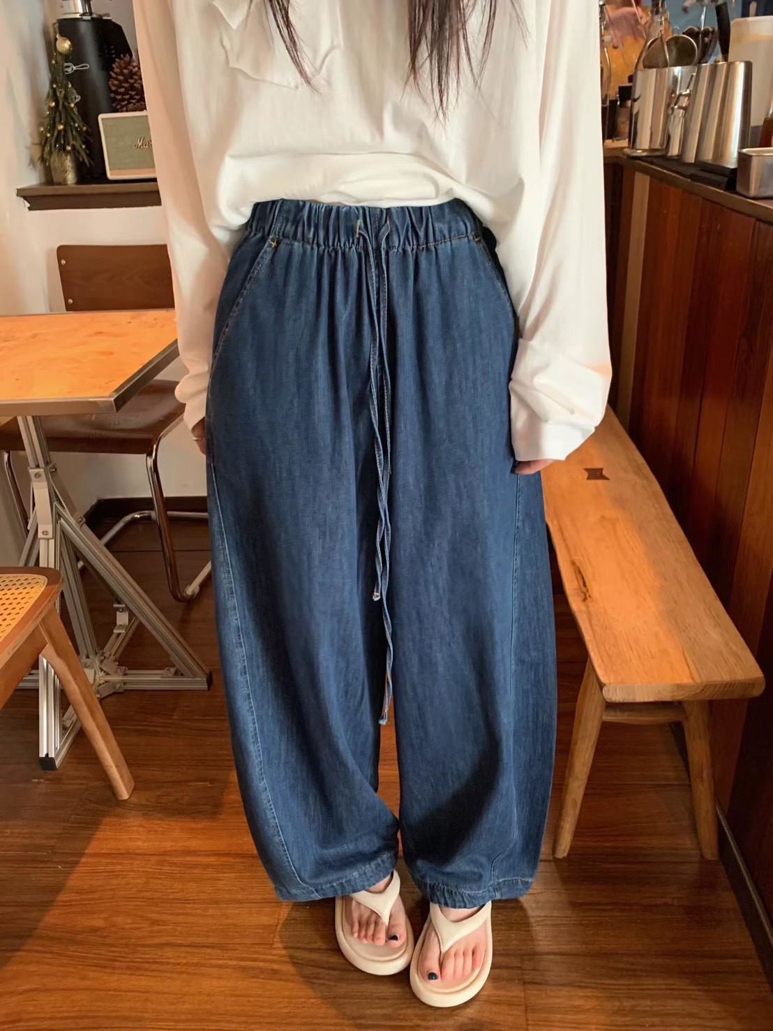 202935-彎刀街頭抽繩修飾牛仔長褲