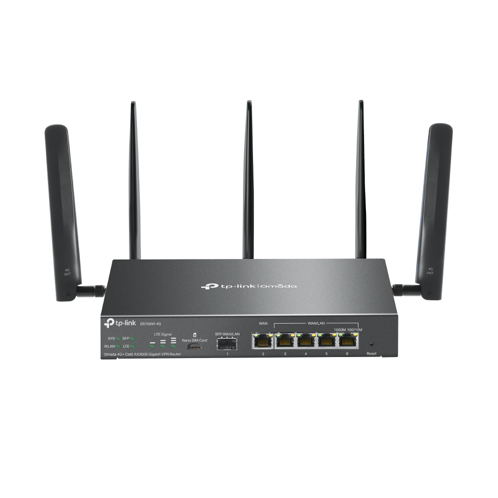 TP‑Link ER706W‑4G Omada 4G+ Cat6 AX3000 Gigabit VPN 路由器（Wi‑Fi 6｜雲端管理）