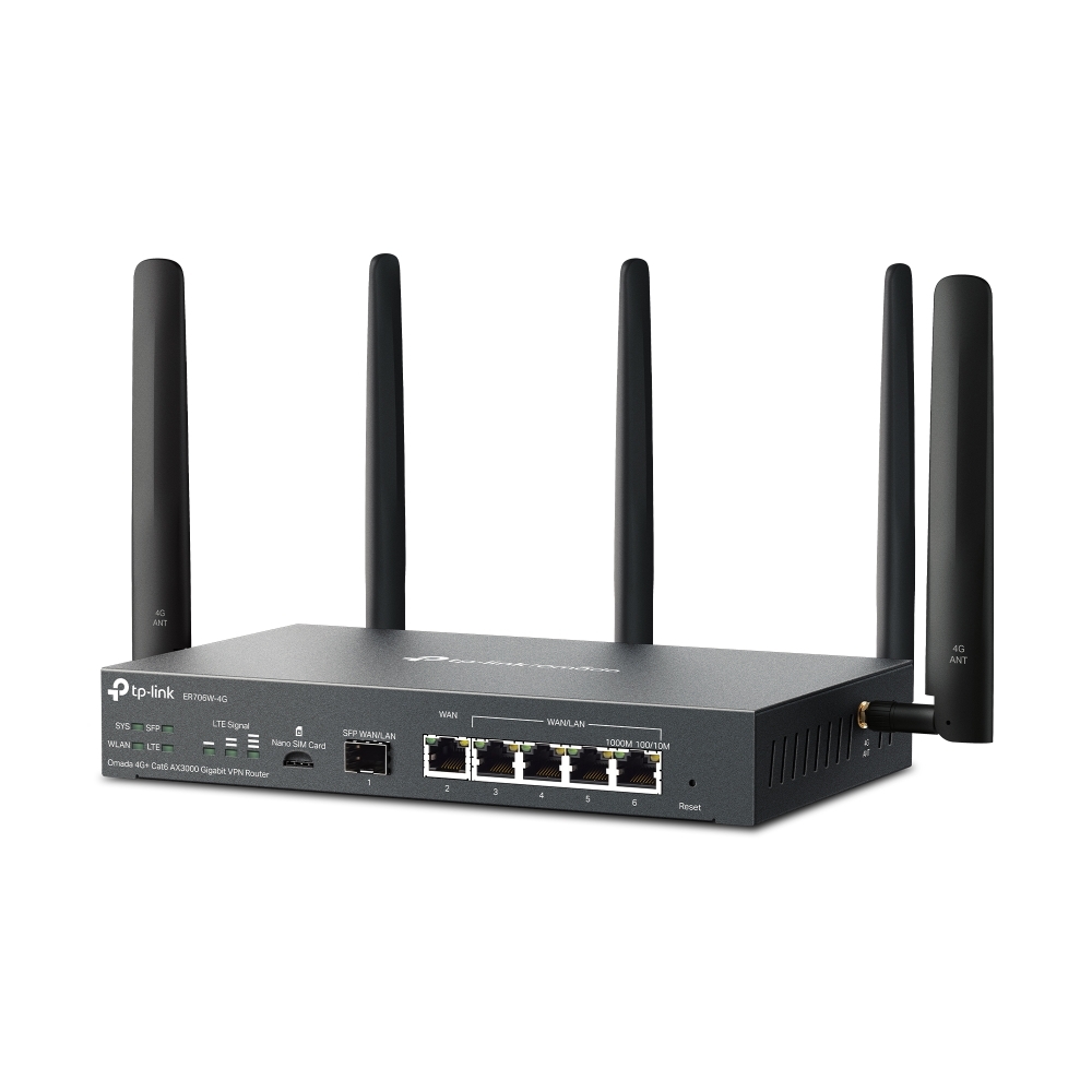 TP‑Link ER706W‑4G Omada 4G+ Cat6 AX3000 Gigabit VPN 路由器（Wi‑Fi 6｜雲端管理）