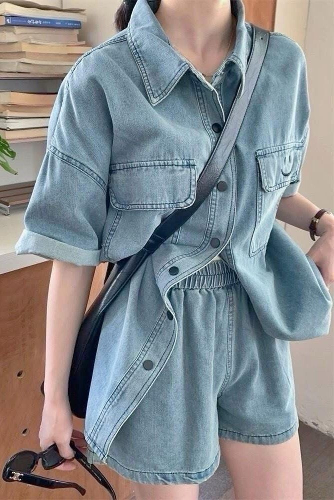 9115-水洗牛仔刺繡笑臉外套+短褲2件式套裝