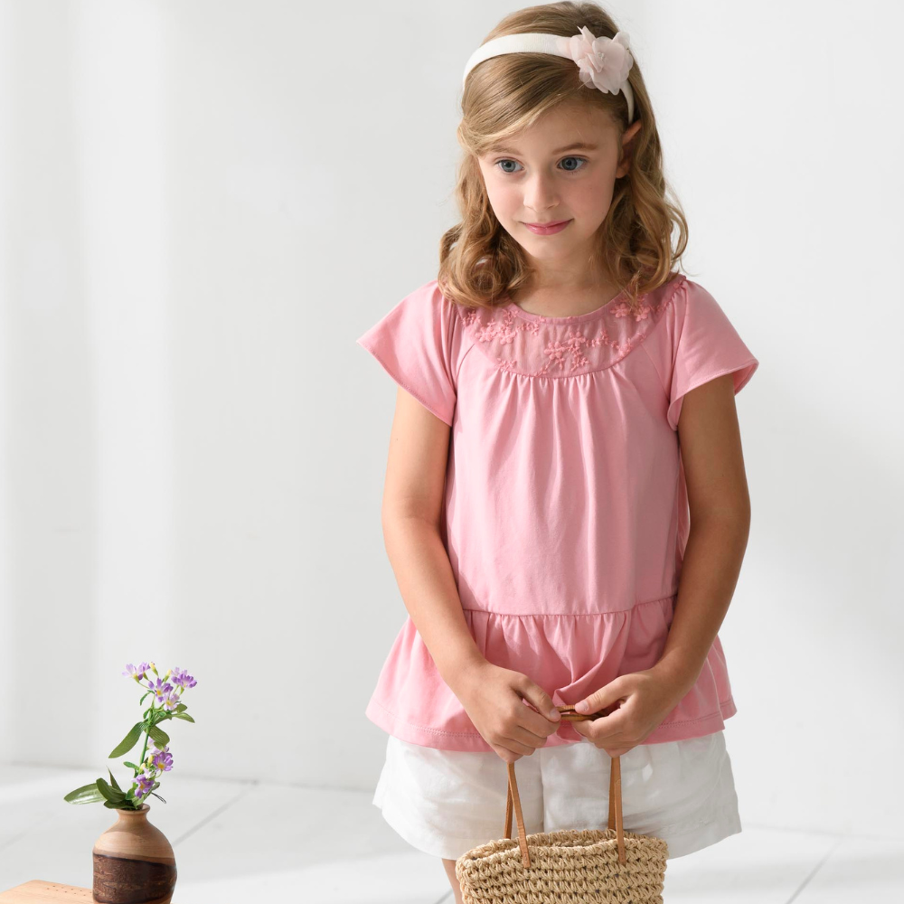 PIPPY 蕾絲領剪接微長版彈性棉圓領短袖上衣 粉