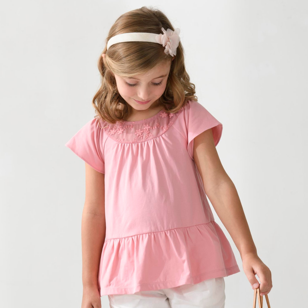 PIPPY 蕾絲領剪接微長版彈性棉圓領短袖上衣 粉