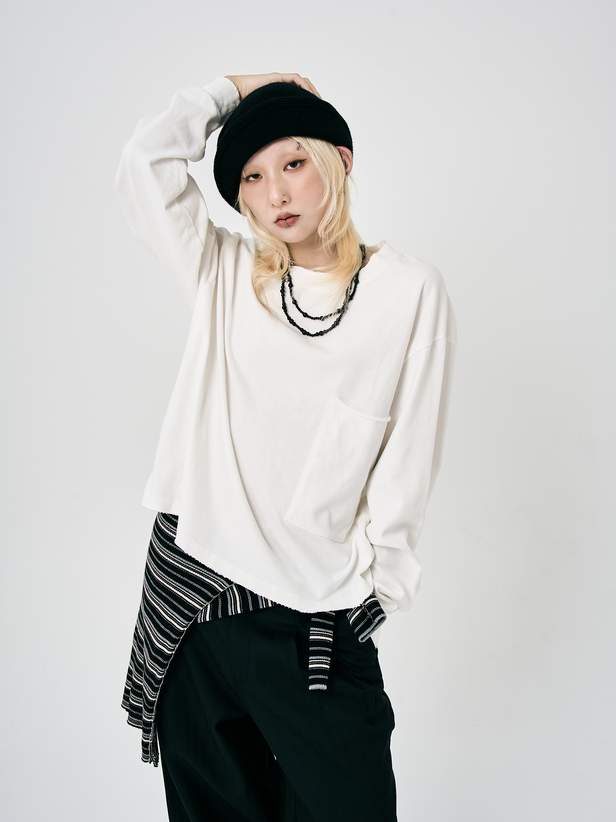 單邊大口袋棉質長袖-白