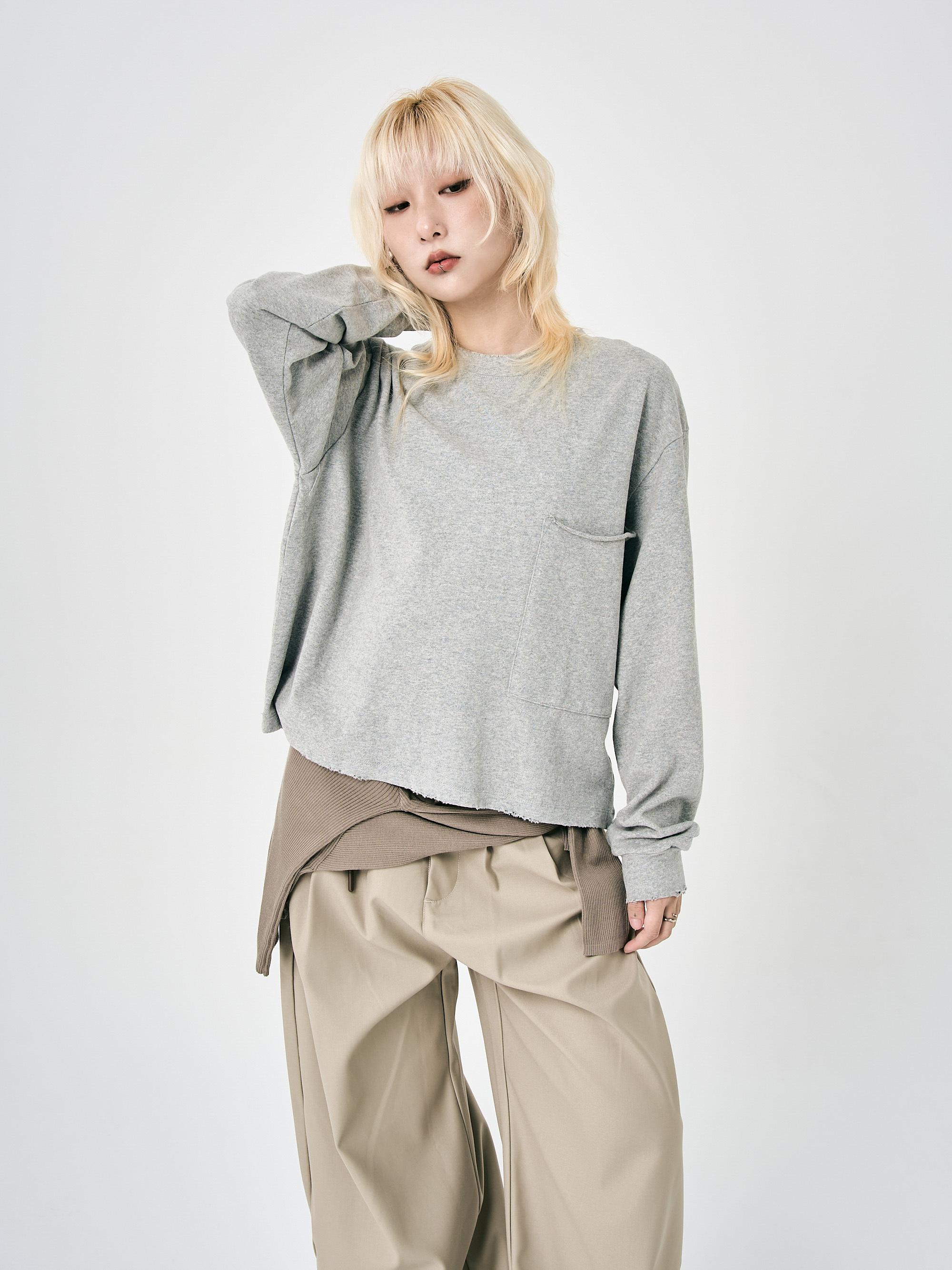 單邊大口袋棉質長袖-淺灰