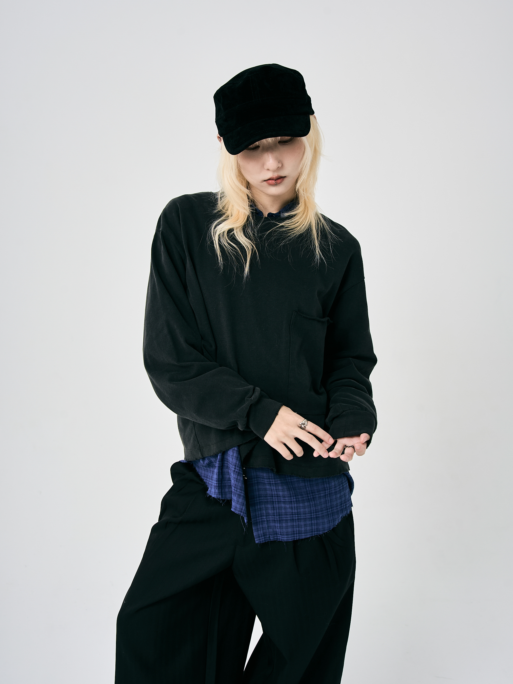 單邊大口袋棉質長袖-深灰