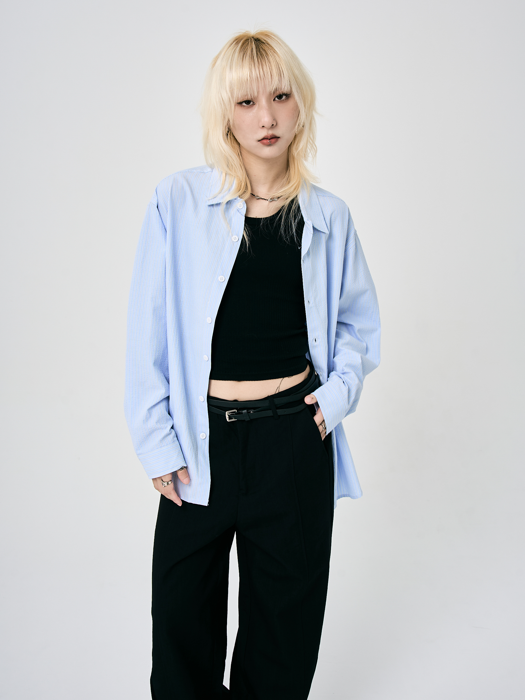 尼龍泡泡布藍襯衫