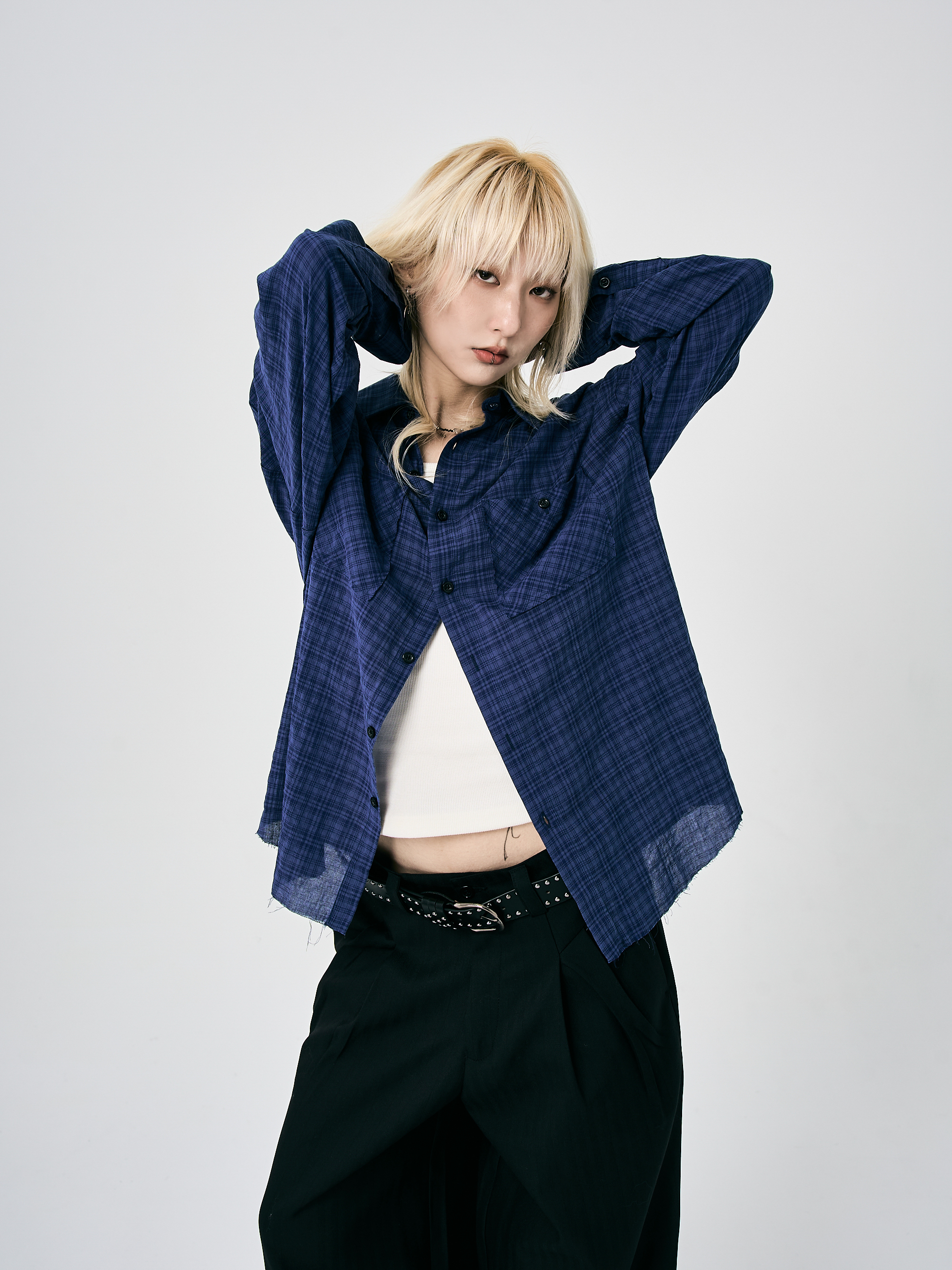 藍黑復古格棉質襯衫