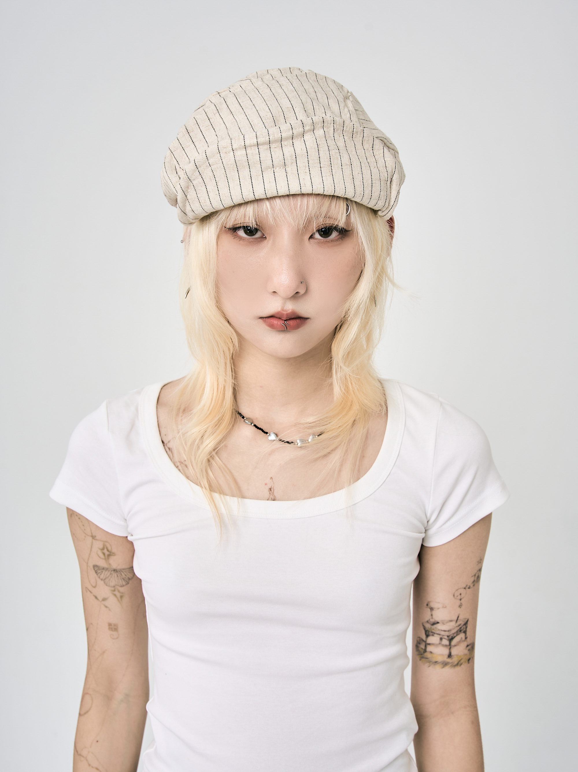 皺褶條文捲邊畫家帽-白