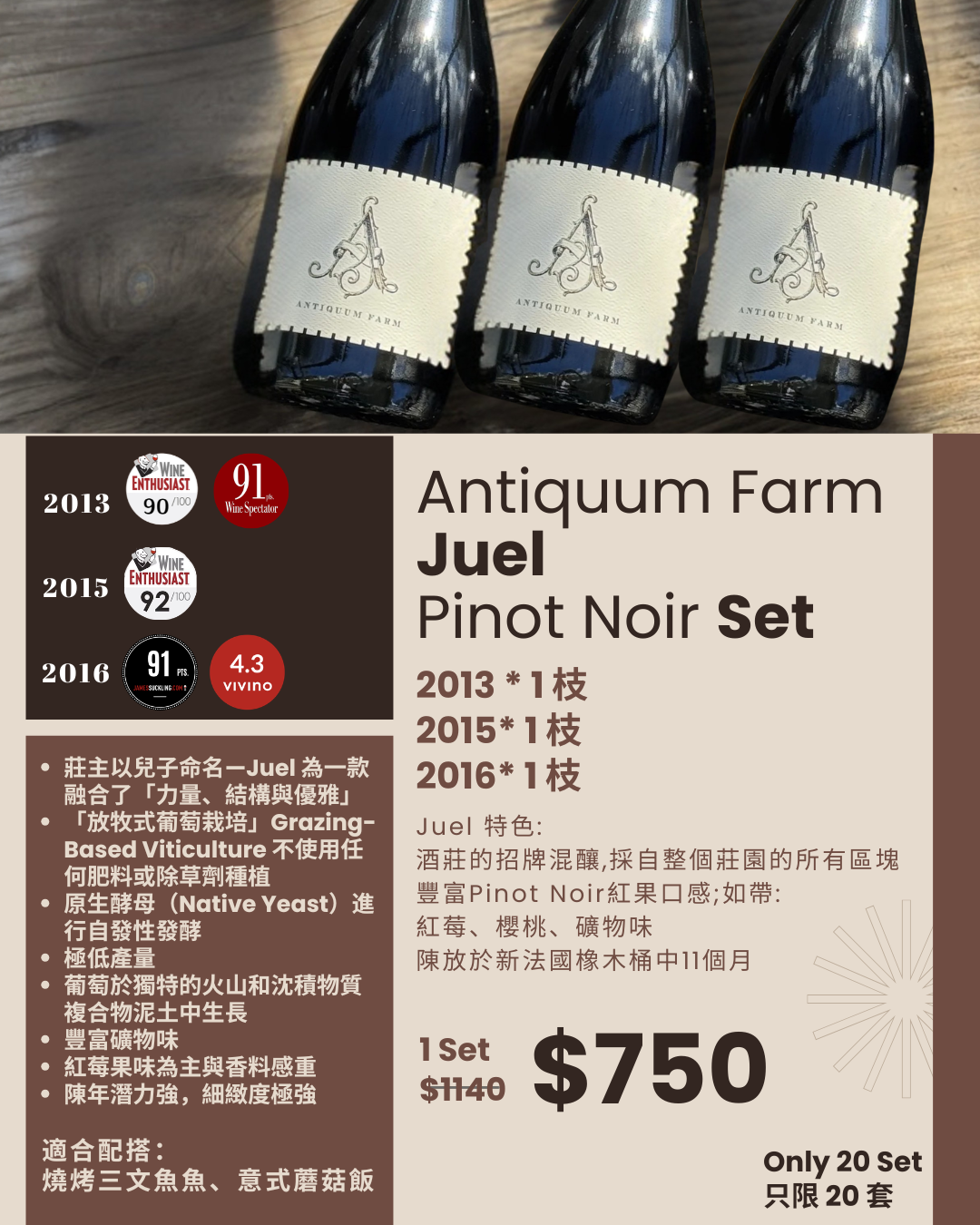 Antiquum Farm Juel Pinot Noir Set (2013/2015/2016)