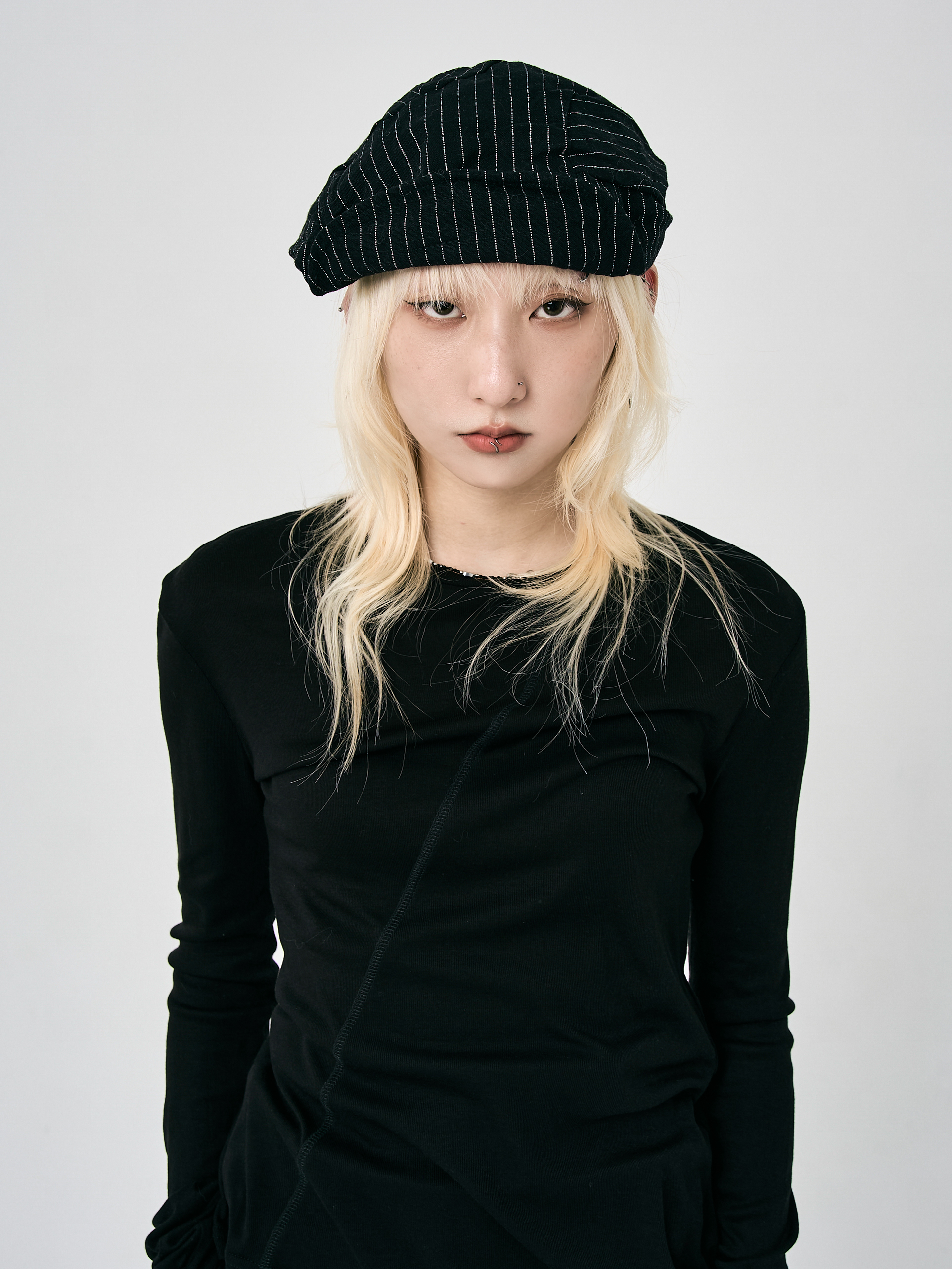 皺褶條文捲邊畫家帽-黑