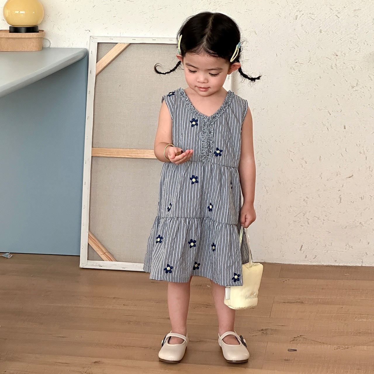 條紋小花無袖洋裝