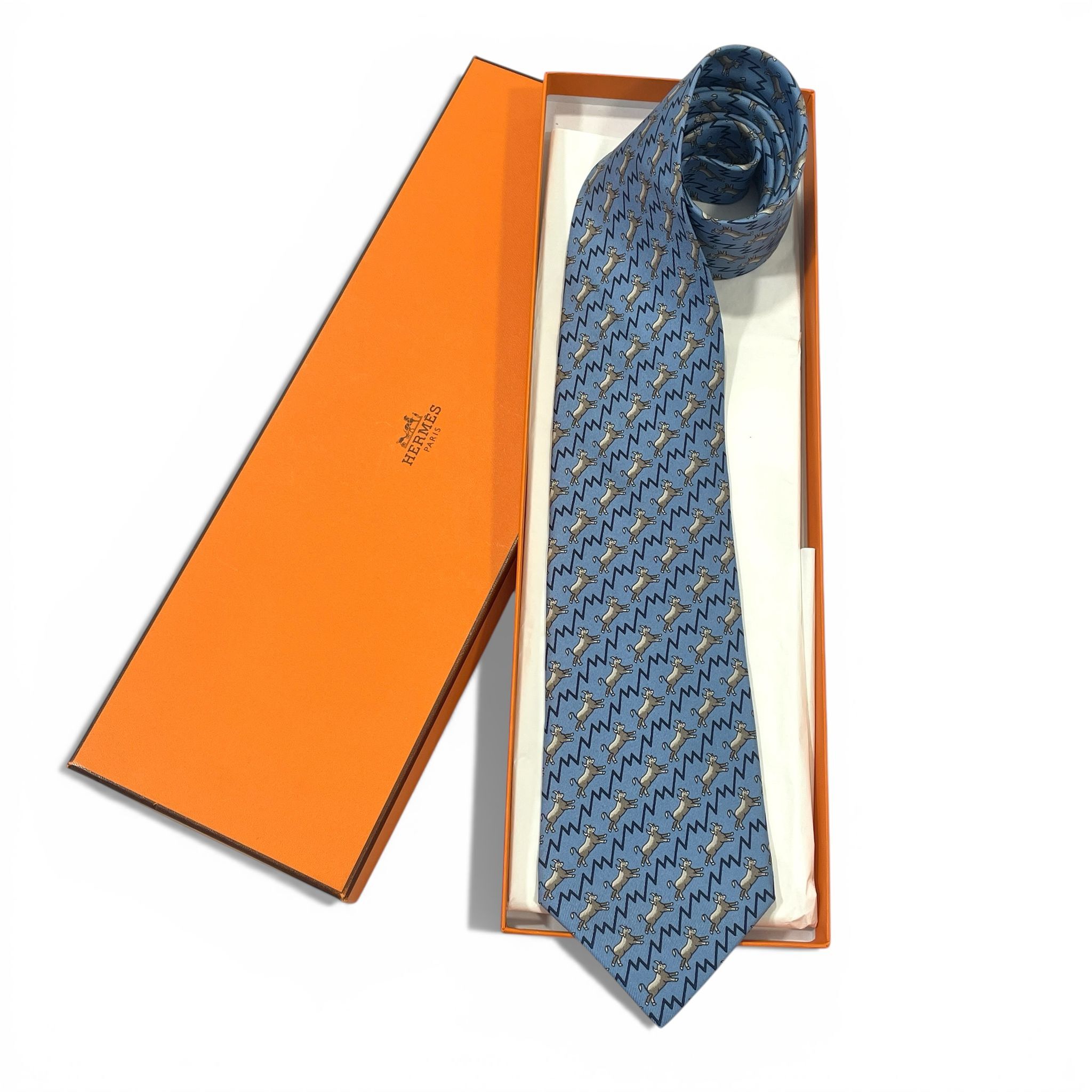 全新HERMES TIE 7CM 真絲 藍色動物圖案 #愛馬仕領呔 #BRAND NEW#香榭站正品