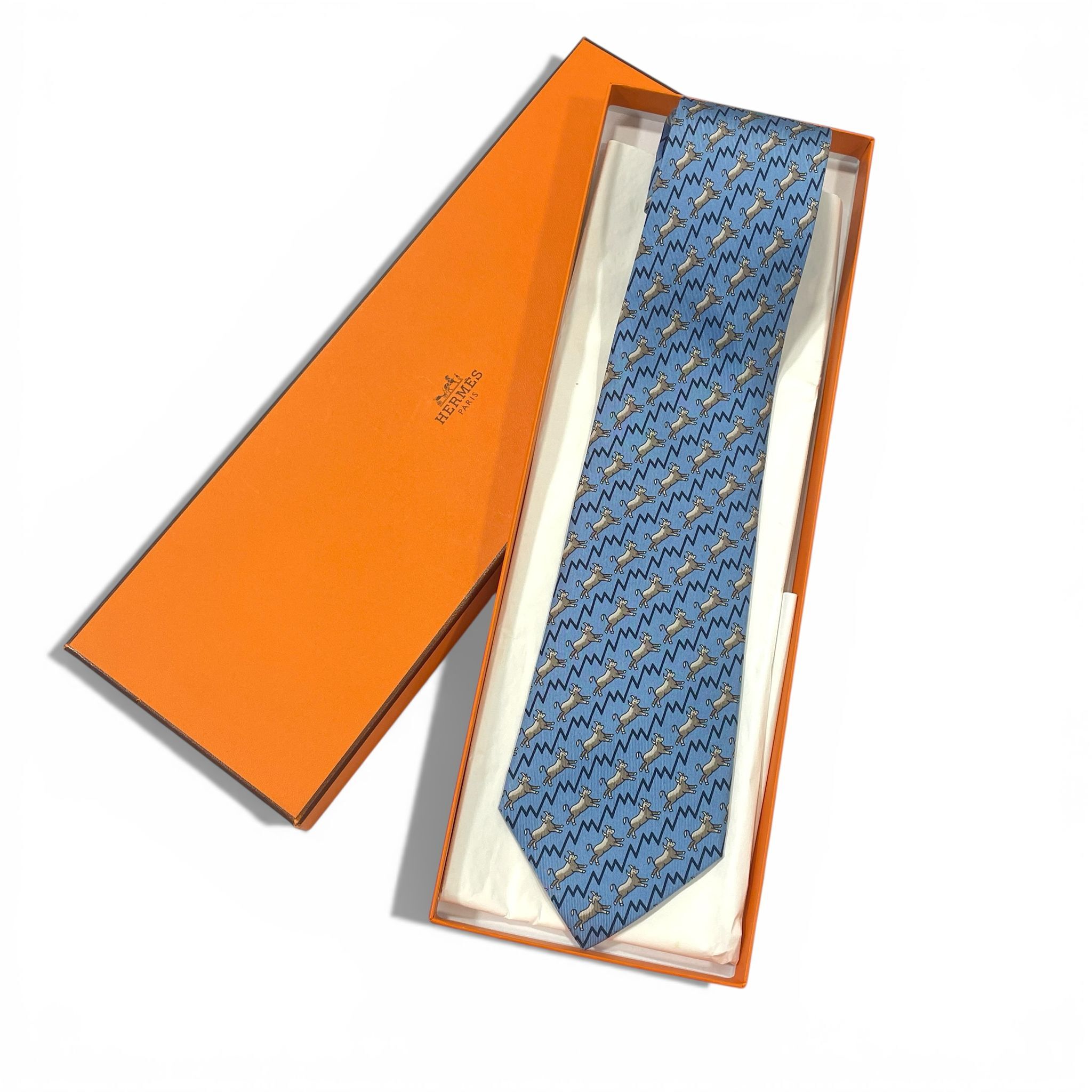 全新HERMES TIE 7CM 真絲 藍色動物圖案 #愛馬仕領呔 #BRAND NEW#香榭站正品