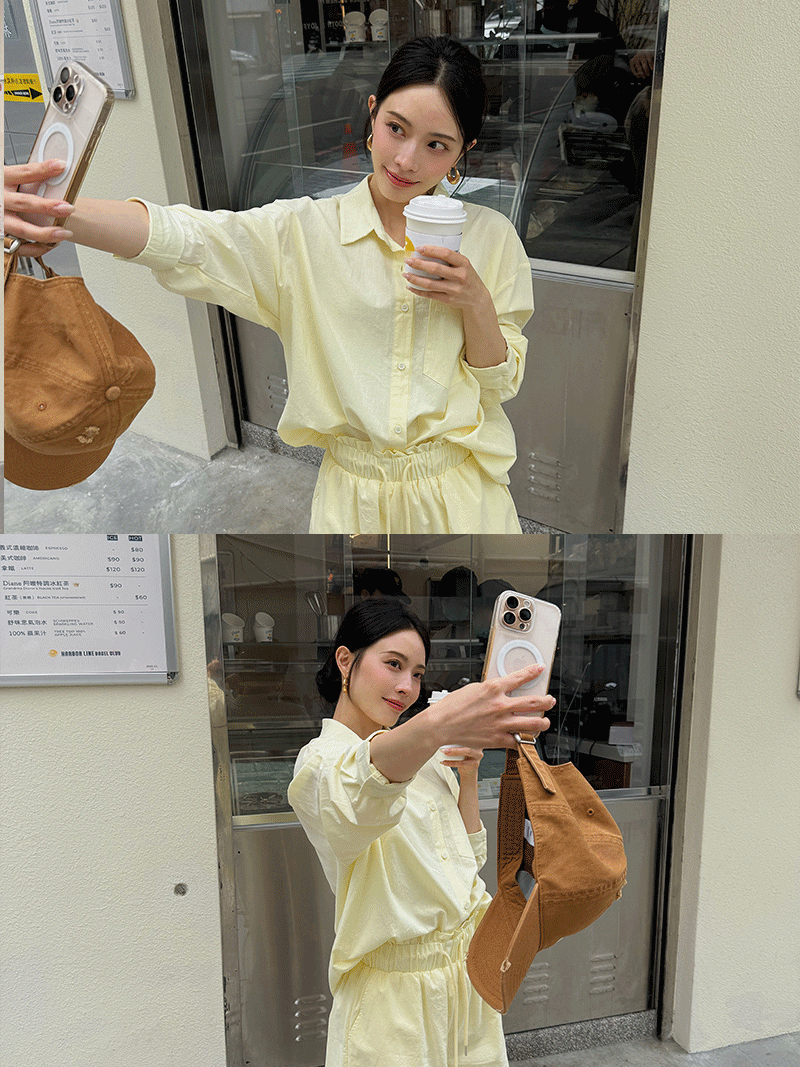 C1816-馬卡龍色系落肩襯衫+短褲SET