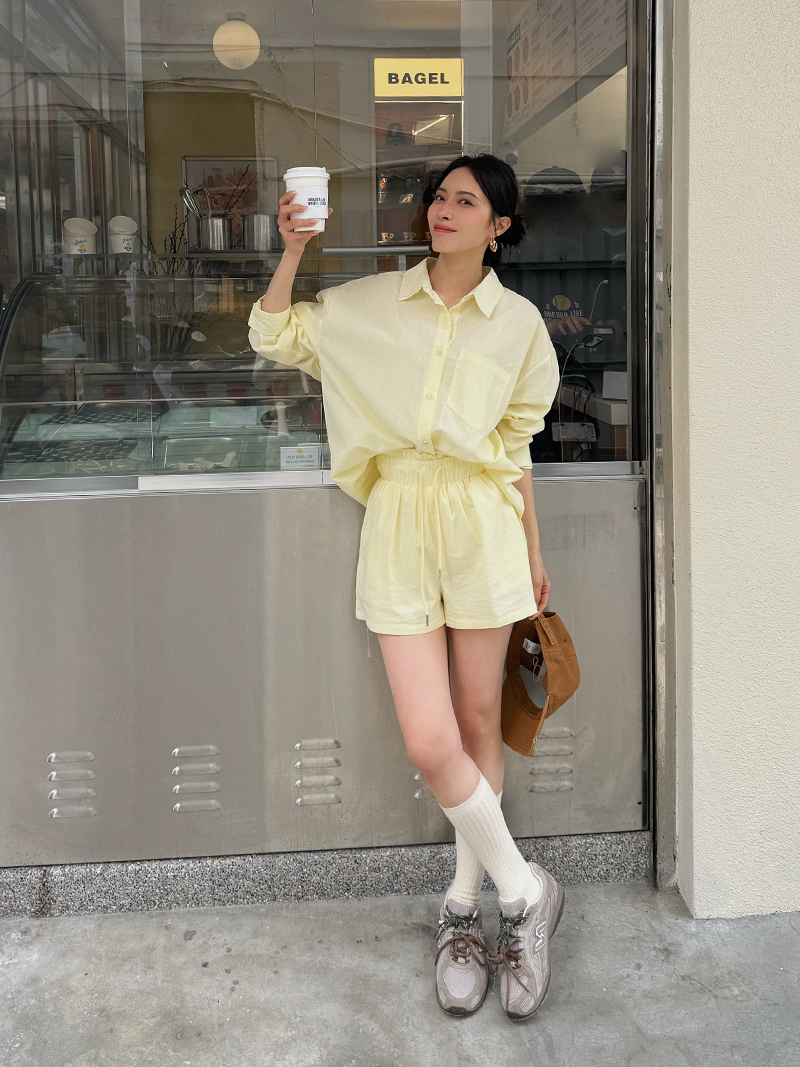 C1816-馬卡龍色系落肩襯衫+短褲SET