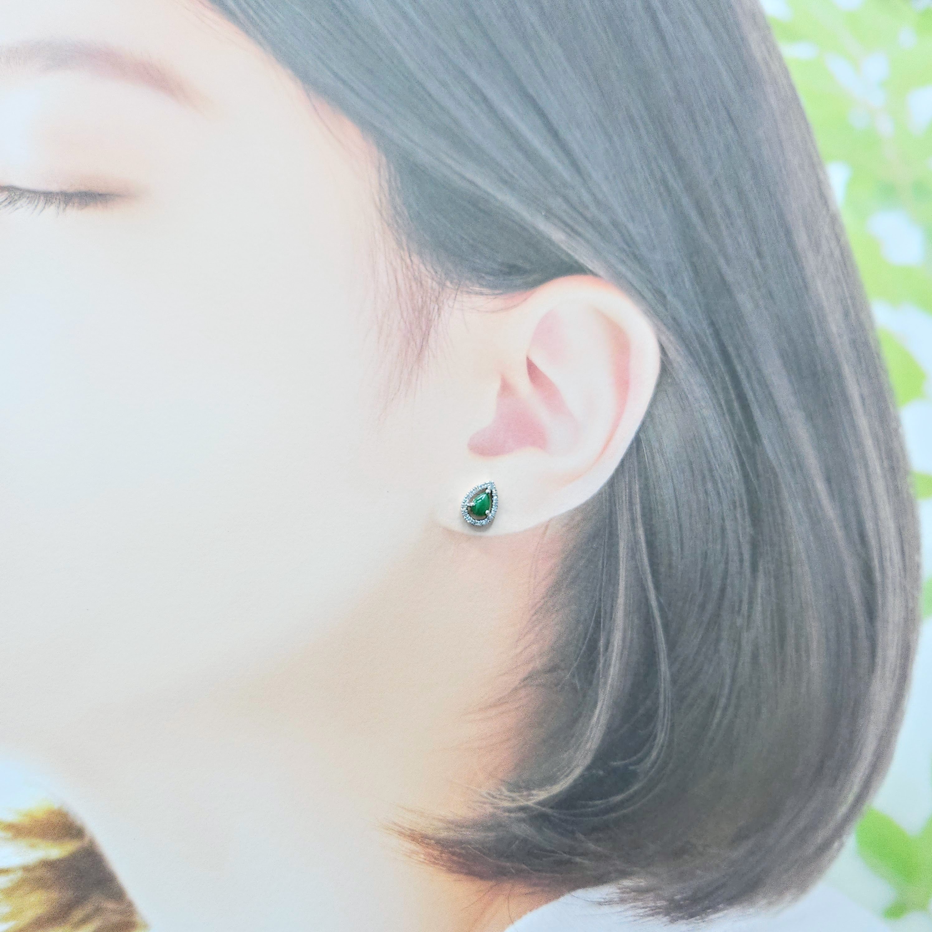 全新18K白金翡翠配16份鑽石耳環