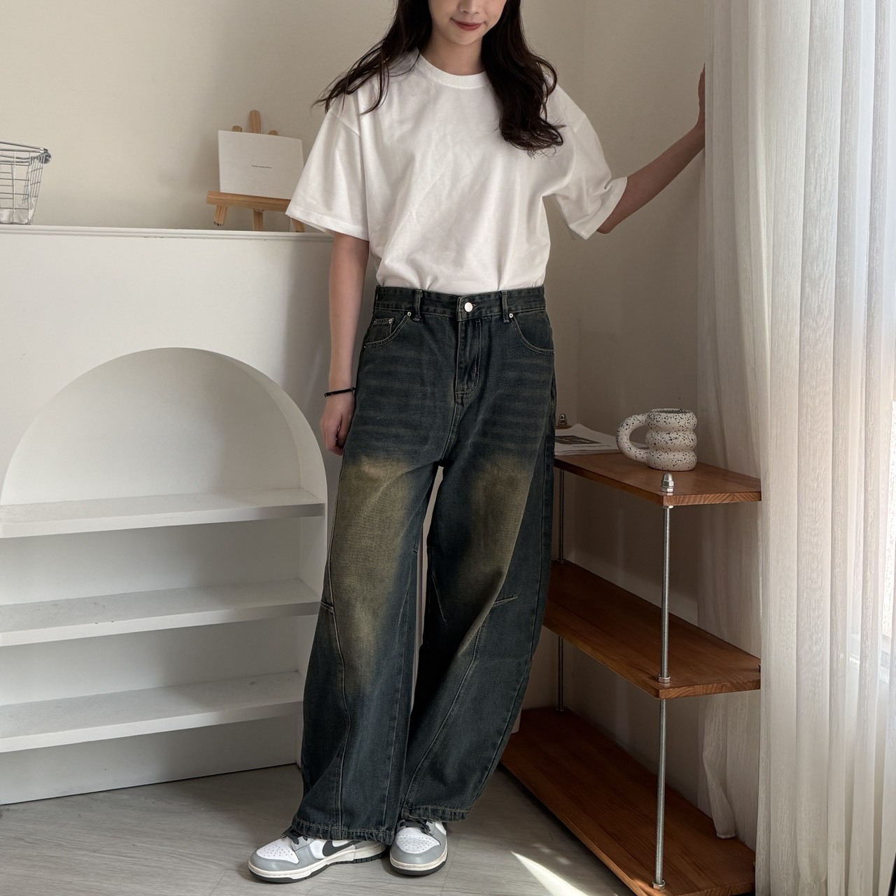 斜線刷舊牛仔彎刀褲 81046-2