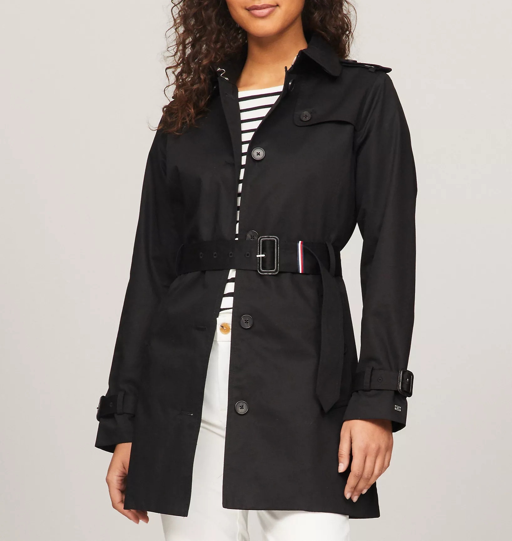 [S] TOMMY HILFIGER BLACK BELTED-SINGLE BREASTED TRENCH, 76J4706-001 (STH1166)