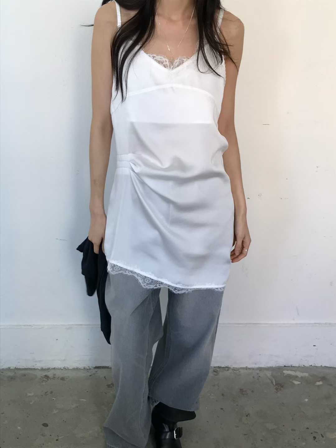 A02-細肩蕾絲抓皺背心(白/香檳色/黑)