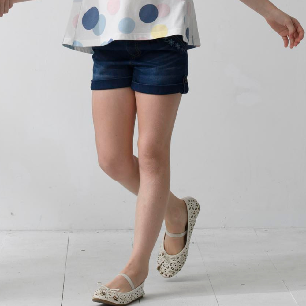 PIPPY 優雅袋口花邊刺繡牛仔短褲 藍