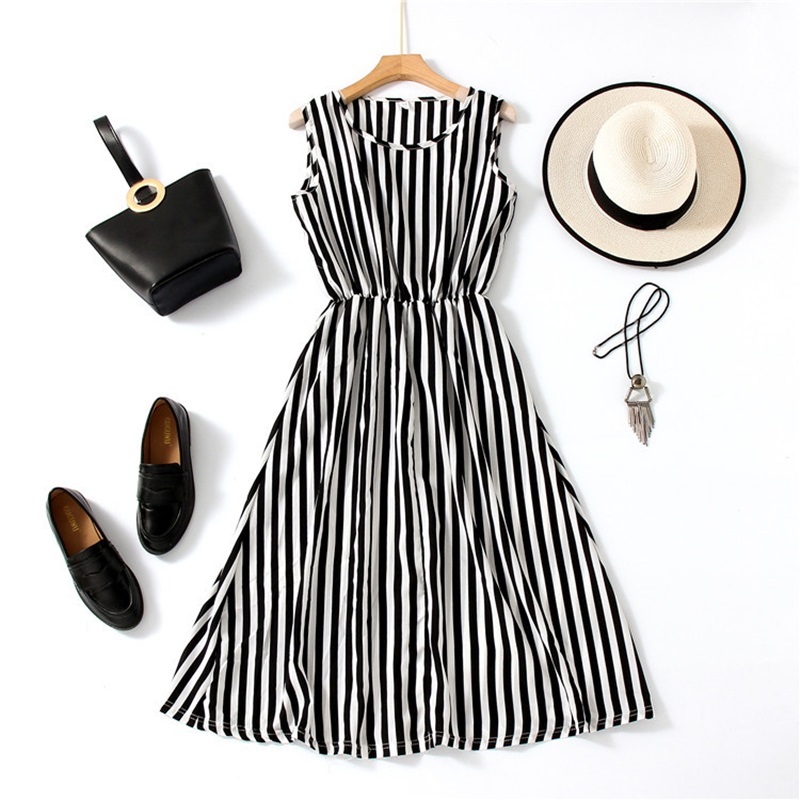 條紋無袖收腰洋裝 五色