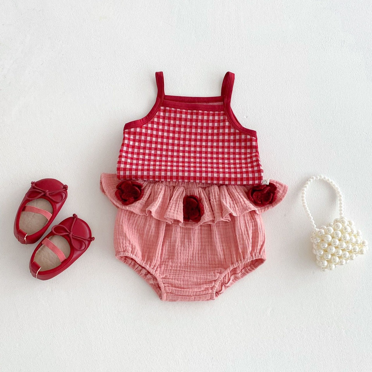 可愛格紋吊帶套裝