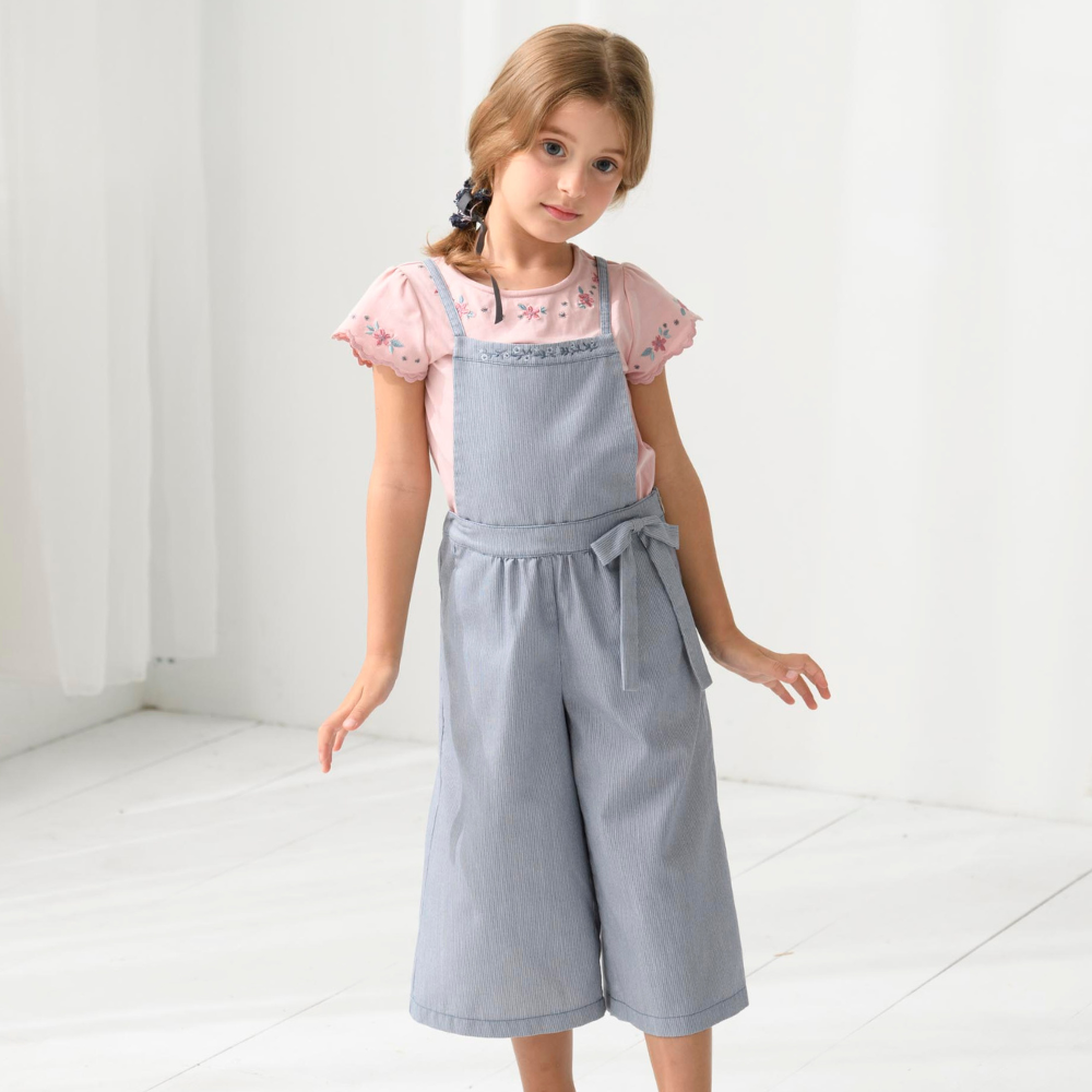 PIPPY 優雅刺繡可拆式吊帶7分褲 灰藍