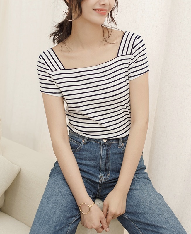 方領條紋柔棉上衣T恤 兩色