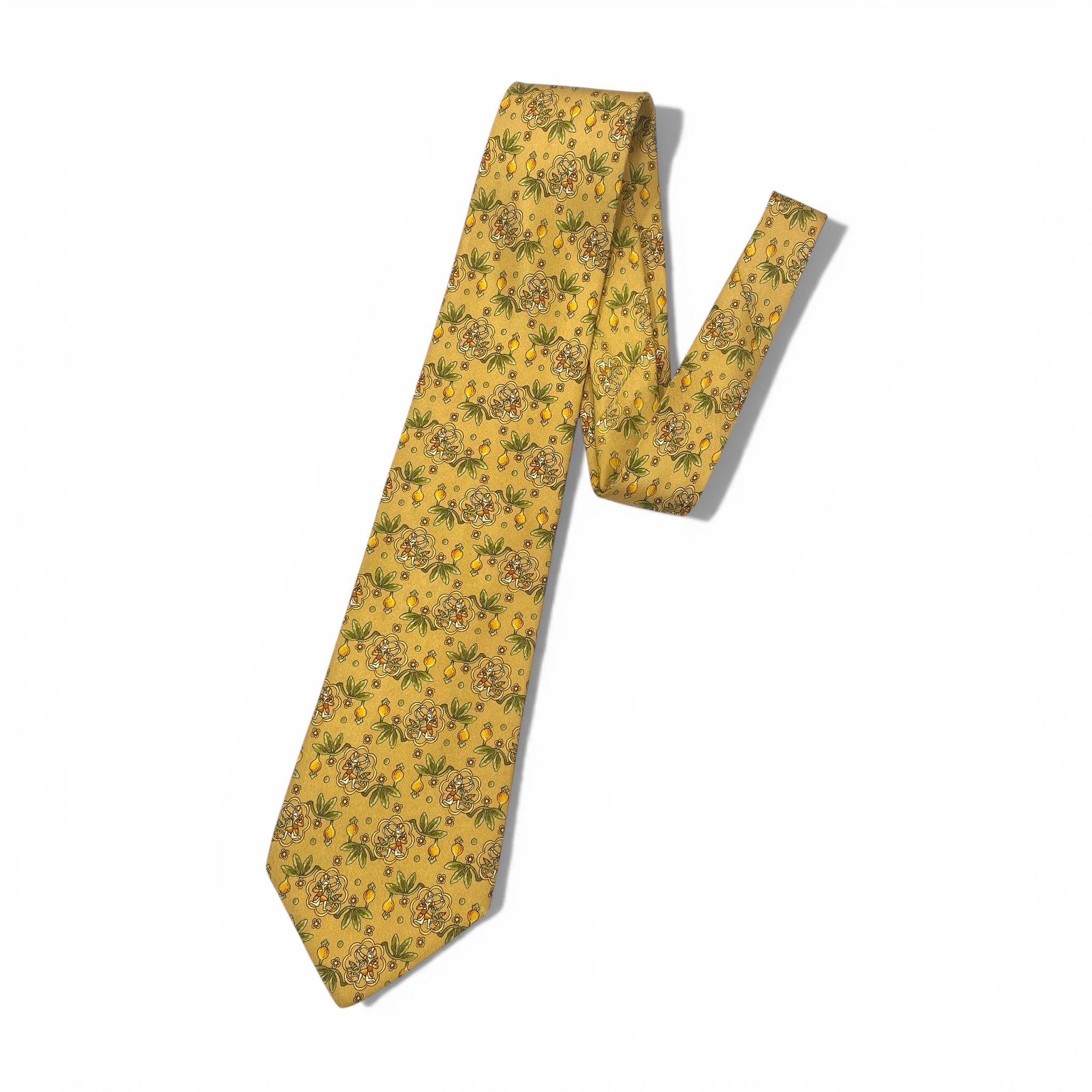 全新FERAGAMO TIE 7CM 真絲 黃色印花圖案 #菲拉格幕領呔 #BRAND NEW#香榭站正品