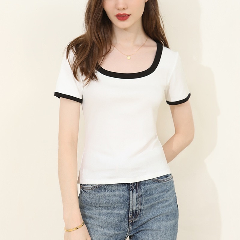 配色大U領柔棉上衣T恤 兩色