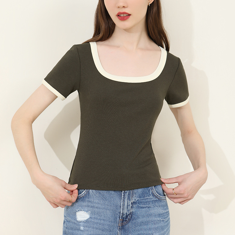 配色大U領柔棉上衣T恤 兩色