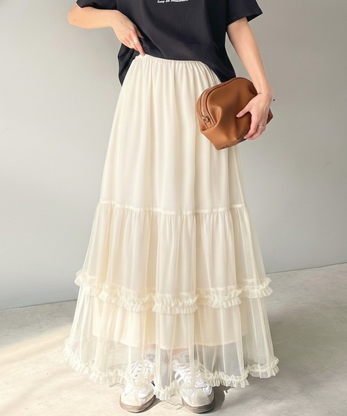 日本🇯🇵連線 Classical Elf 分層荷葉褶邊薄衫裙 裙子 長裙 薄紗裙 A字裙 喇叭裙 過膝裙 3色(任買兩件711免運)/預購