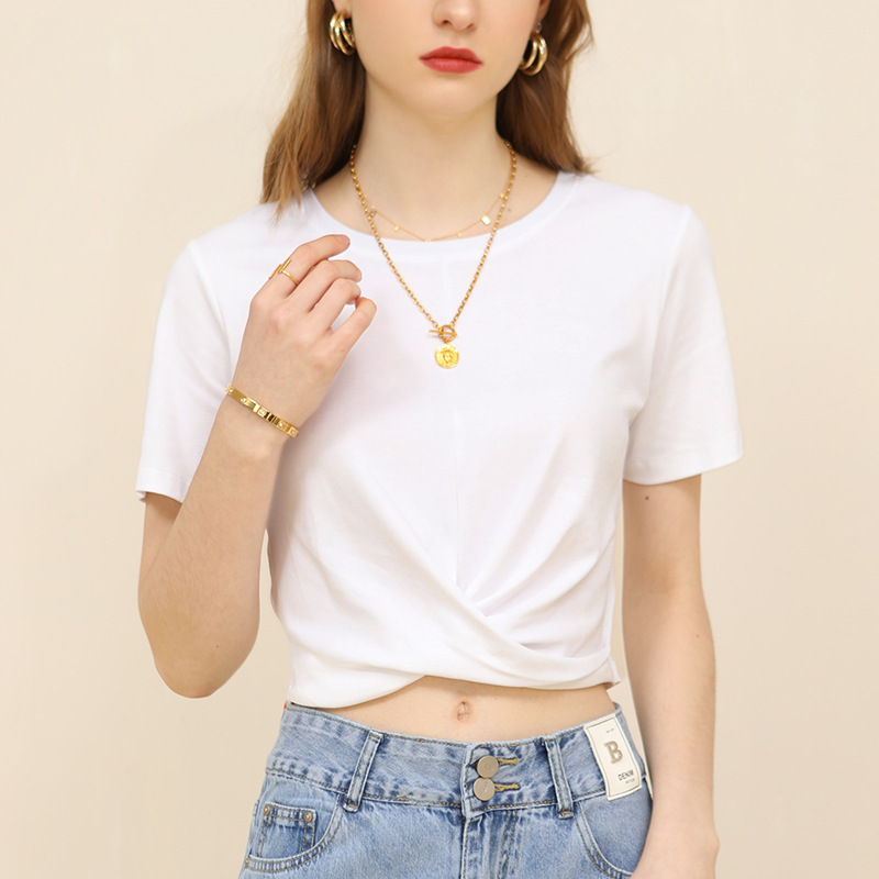 紐結短版柔棉上衣T恤 白色