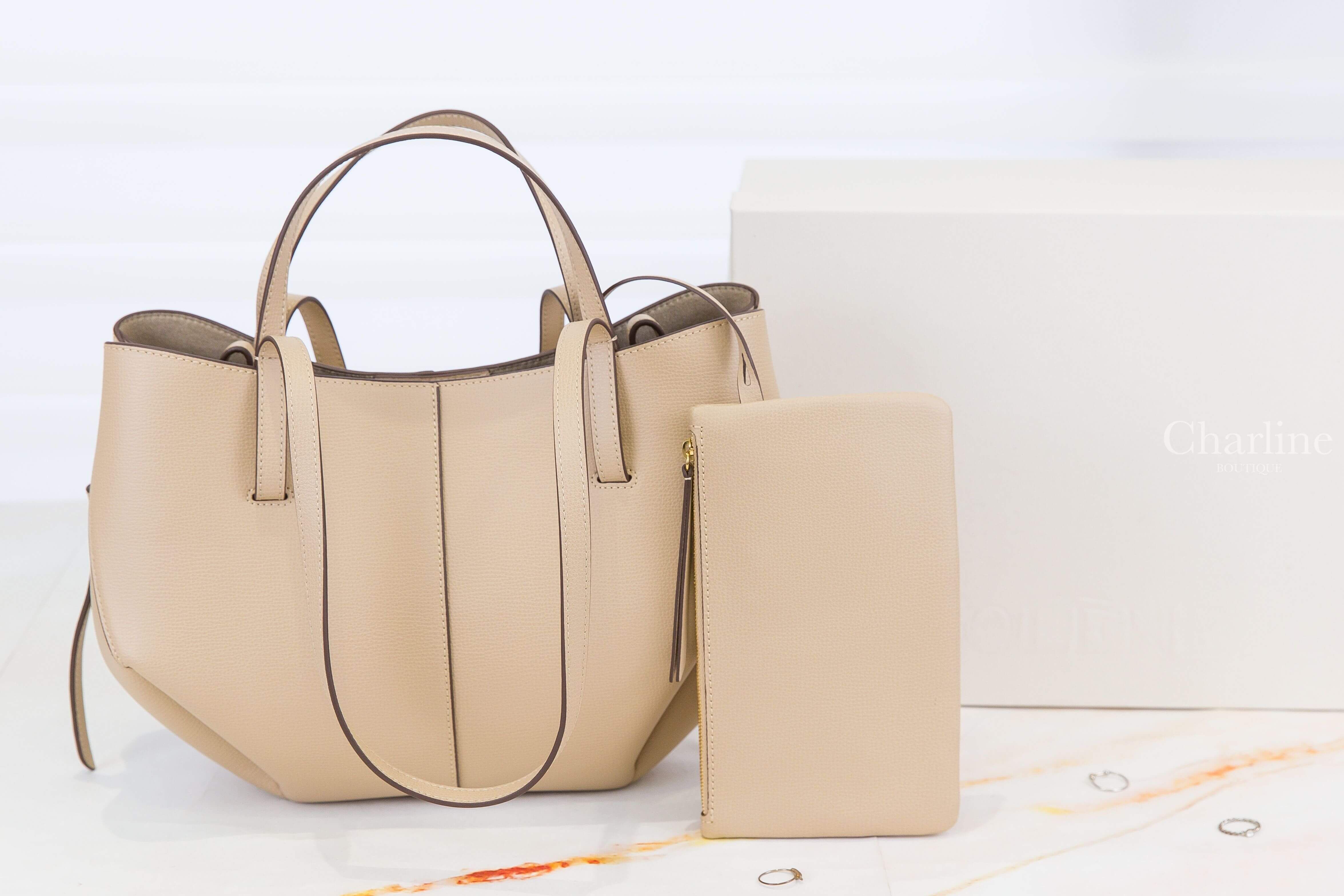 Polène Cyme Mini 沙色迷你側邊磁吸抓皺紋理小牛皮手提肩背包-Charline Boutique 精品代購