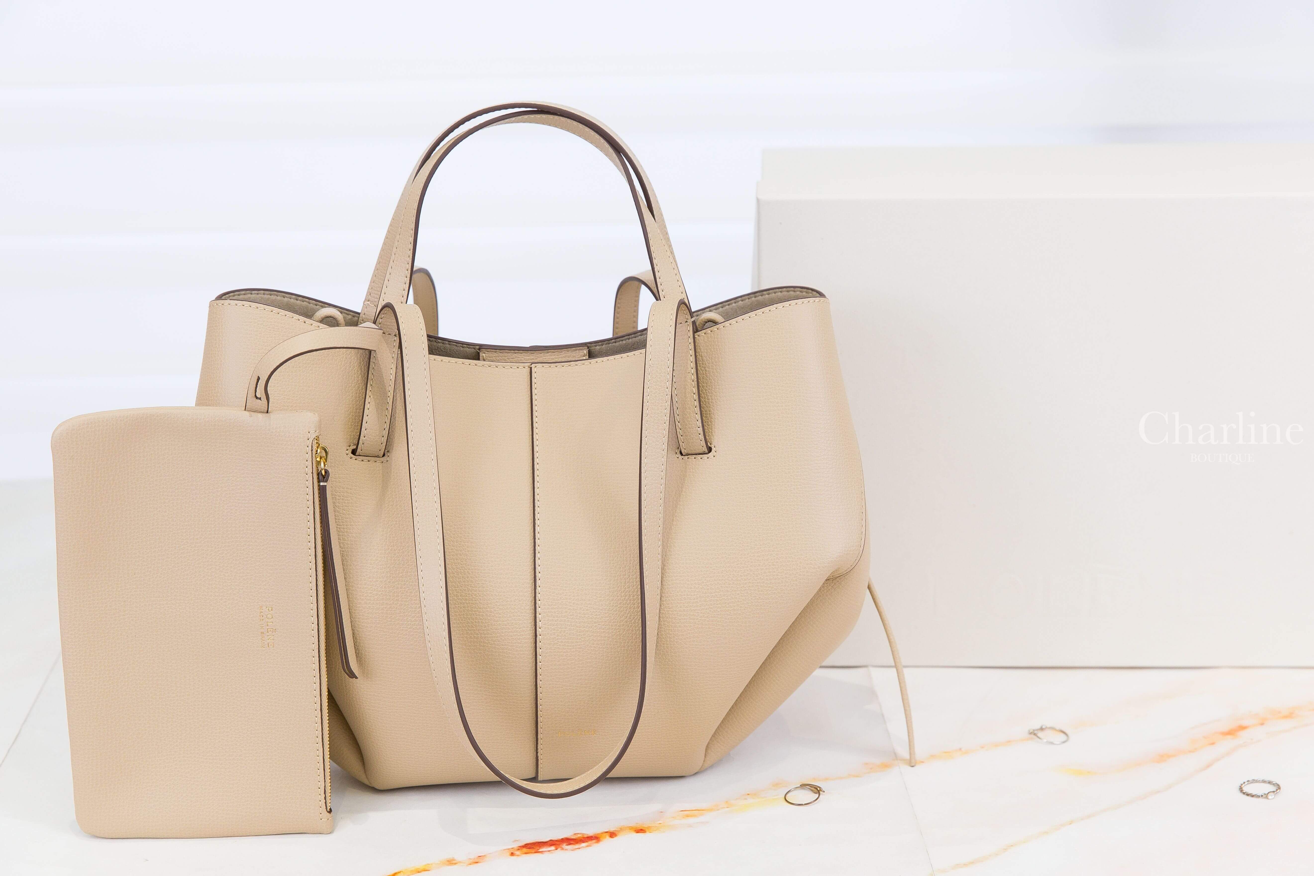 Polène Cyme Mini 沙色迷你側邊磁吸抓皺紋理小牛皮手提肩背包-Charline Boutique 精品代購