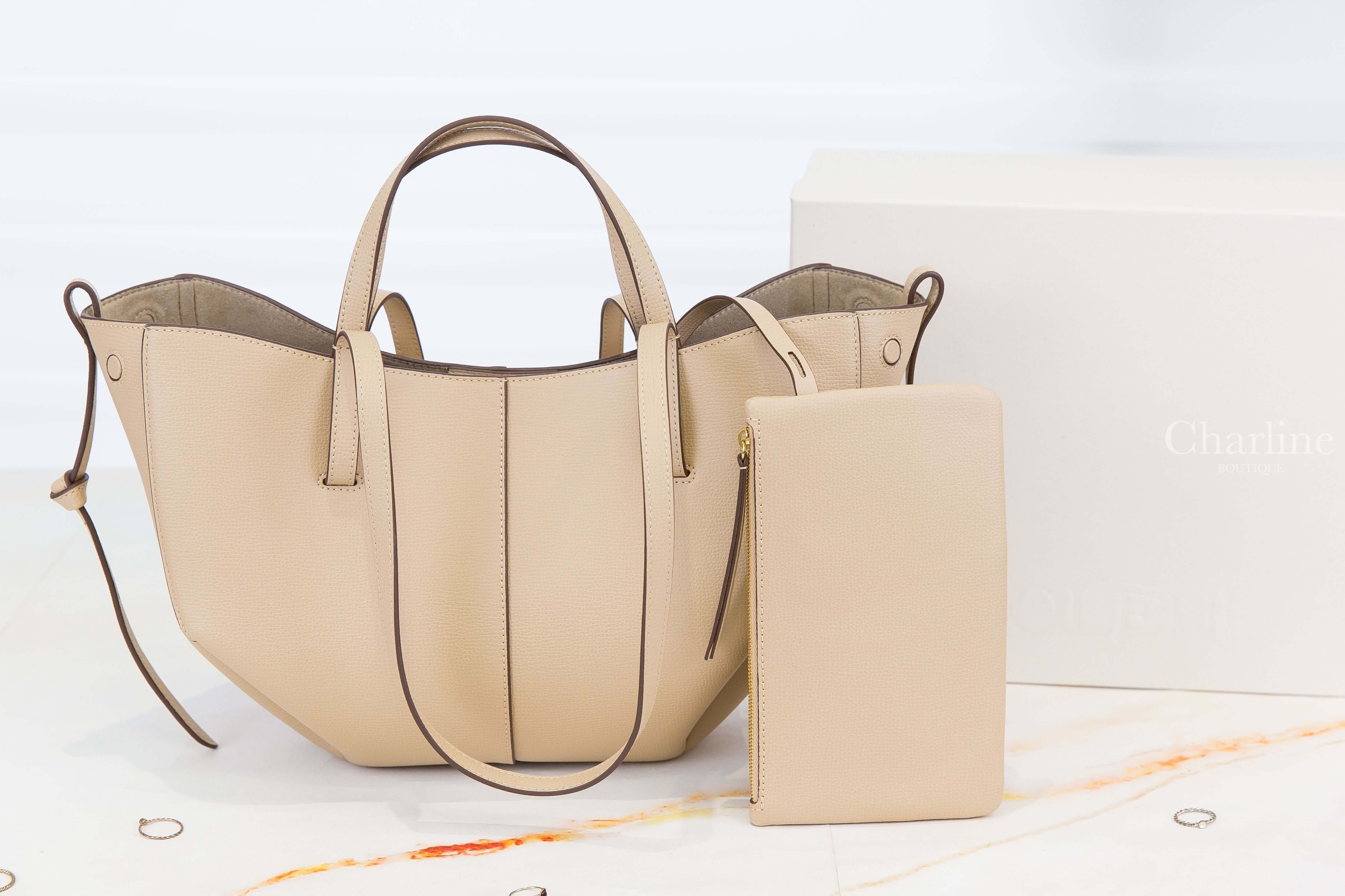 Polène Cyme Mini 沙色迷你側邊磁吸抓皺紋理小牛皮手提肩背包-Charline Boutique 精品代購