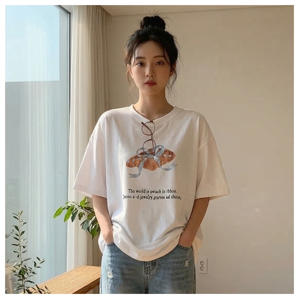 【ASister 小姊姊】AS0134#純棉上衣☆*蝴蝶結可頌*中長版短袖T恤(S-3XL)