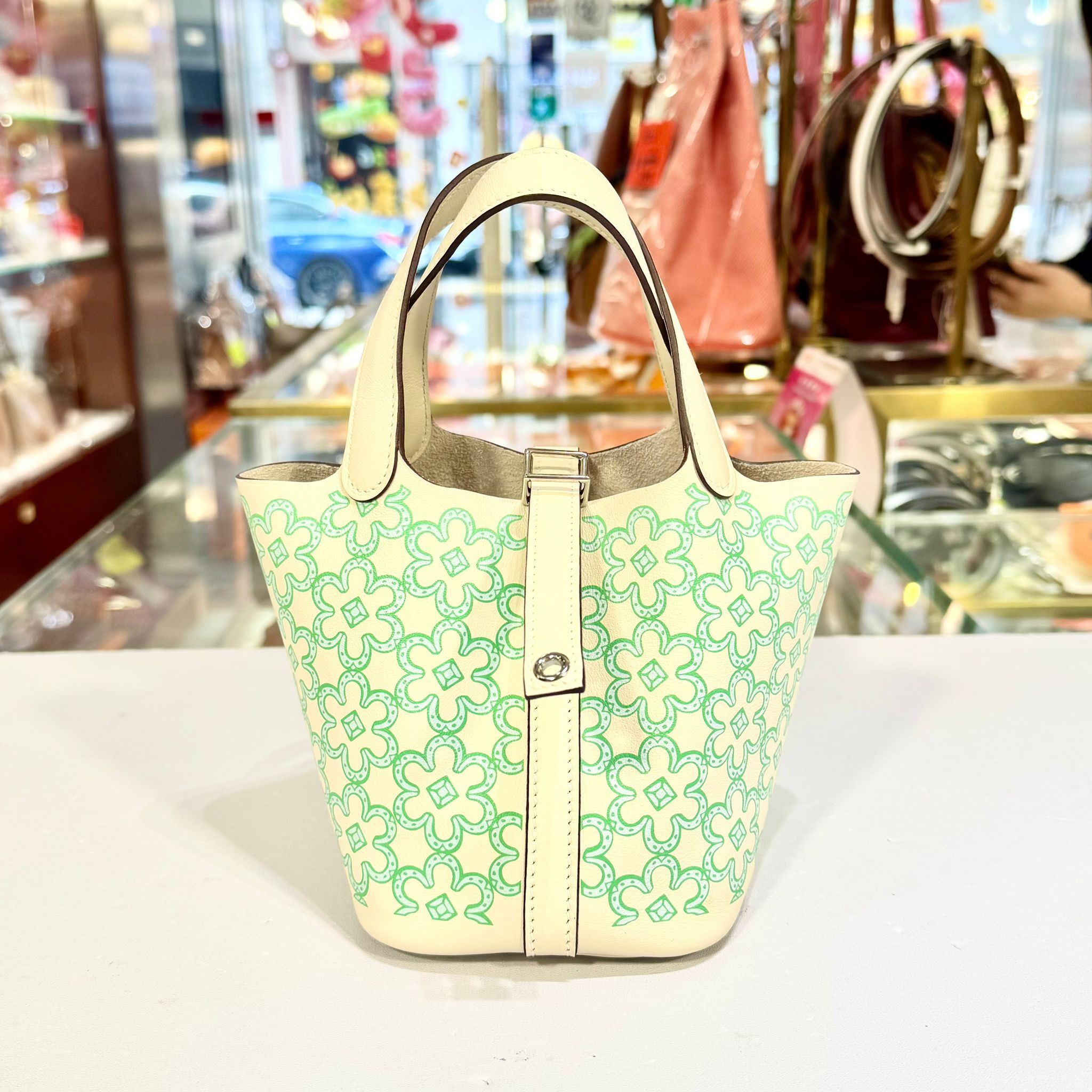 未使用品！全新HERMES PICOTIN 14 U刻 DAISY NATA SWIFT PHW 綠花圖案 #愛馬仕 #P14 #BRAND NEW #香榭站正品