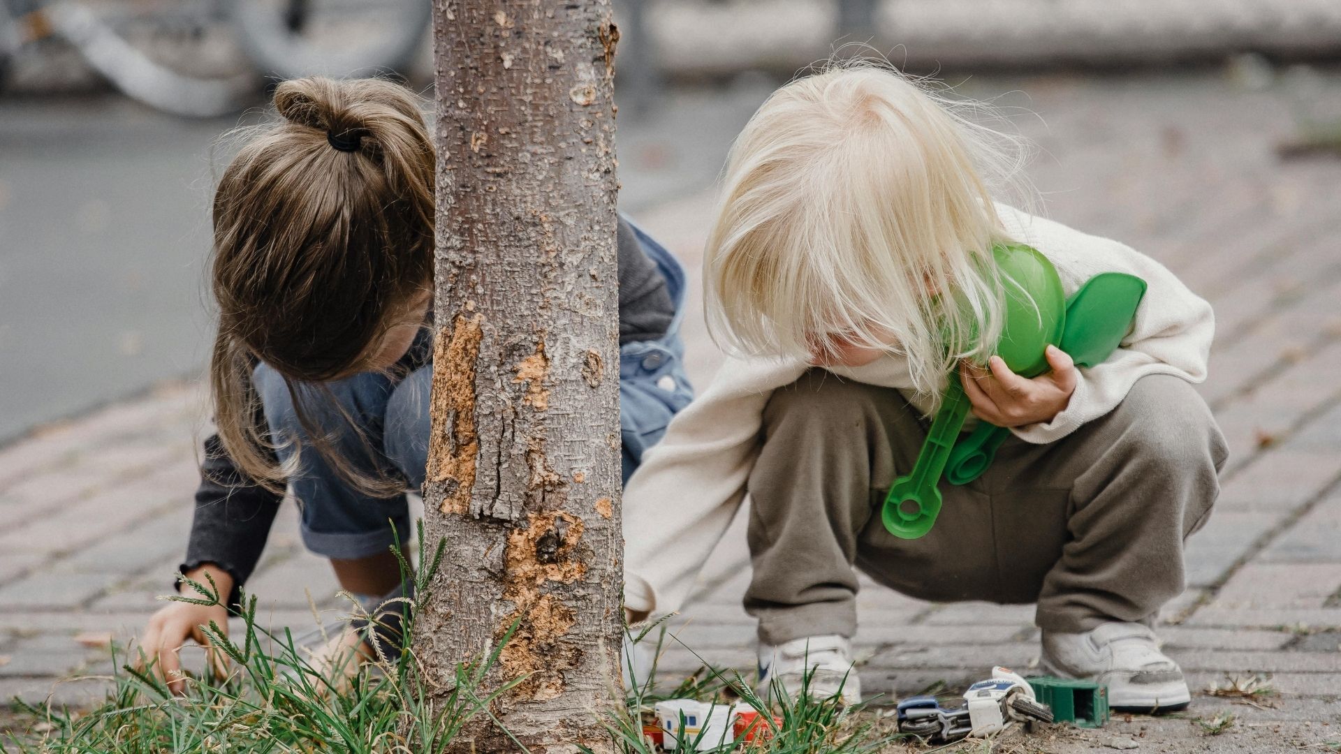 孩子蹲下觀察草地
