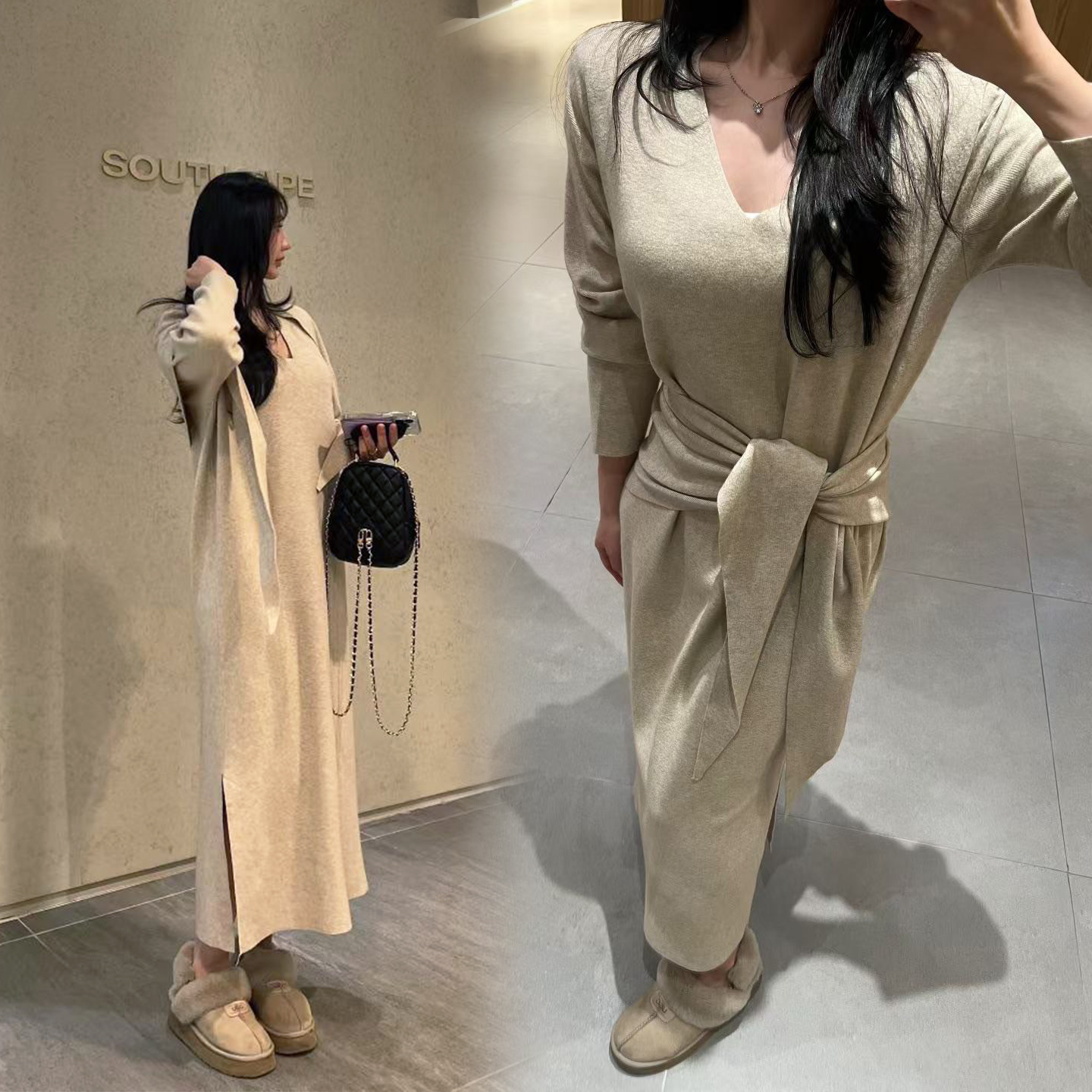 奶油白V領針織長洋裝+同色系披肩SET